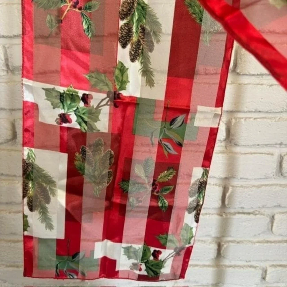 Vintage Christmas Holly Pinecone‎ Red Checkered Sheer Stripe Polyester Scarf